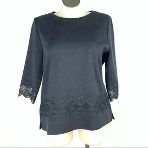 Talbots petites Womens sweater size XLP black glittery 3/4 sleeve eyelet floral
